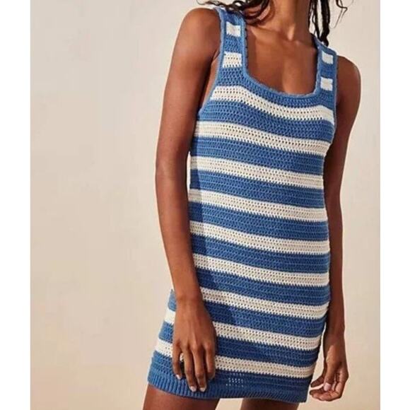 Free People Beach Womens Felicity Crochet Sweater Mini Dress Small Blue Stripe - Picture 1 of 13